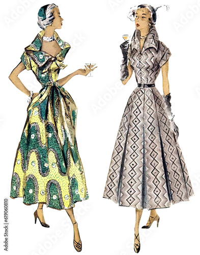 Fotografie 1950s elegant vintage women fashion illustration for clothing advertisement
