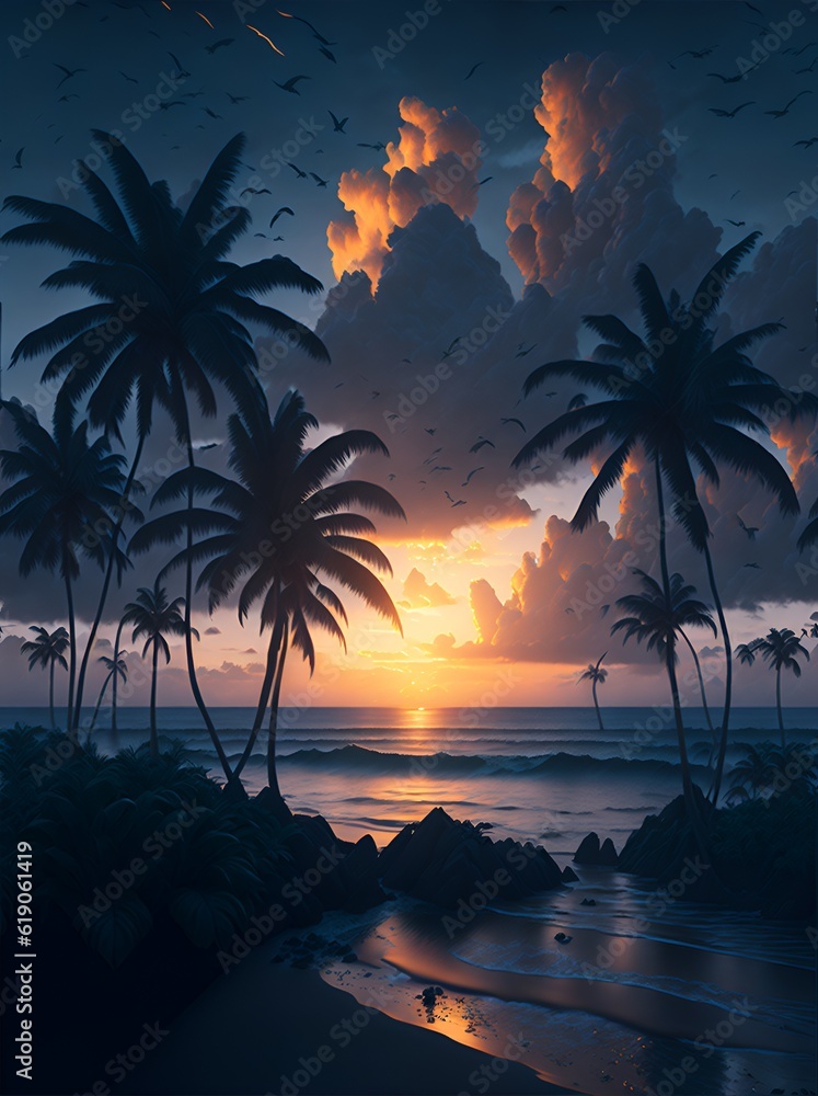 Photo of a colorful tropical sunset with palm trees