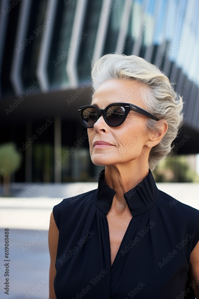 Female architect posing in front of modern building. AI-generated art. Female architect posing in front of modern building. AI-generated art.