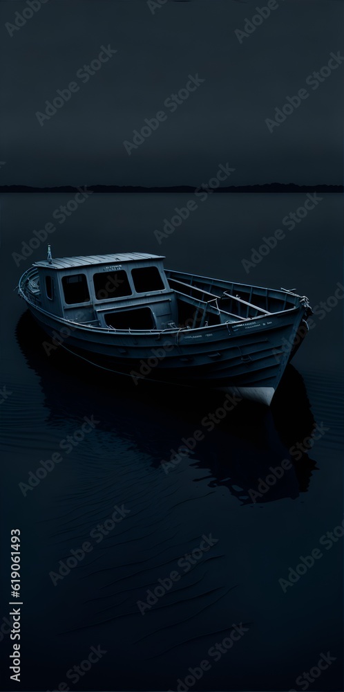 Photo of a serene lake with a small boat floating peacefully on the water's surface