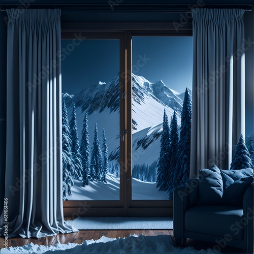 Photo of a serene winter landscape with a majestic snowy mountain view