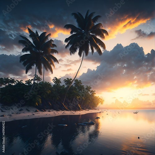Photo of a vibrant tropical sunset with palm trees