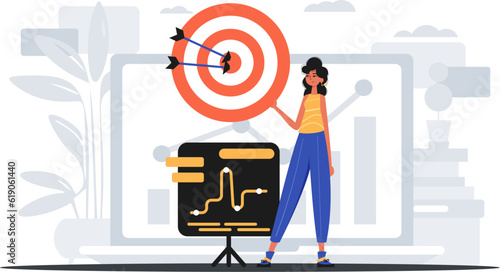 The female child holds in his hand a target with arrow that hit the center . digital commercialize concept. Trendy style, Vector Illustration photo