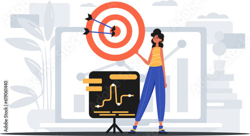 The female child holds in his hand a target with arrow that hit the center . digital commercialize concept. Trendy style, Vector Illustration