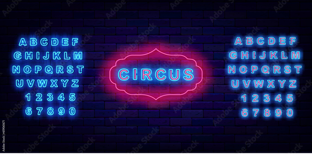 Circus neon label on brick wall. Funfair advertising. Shiny turquoise alphabet. Vector stock illustration Circus neon label on brick wall. Funfair advertising. Shiny turquoise alphabet. Vector stock illustration