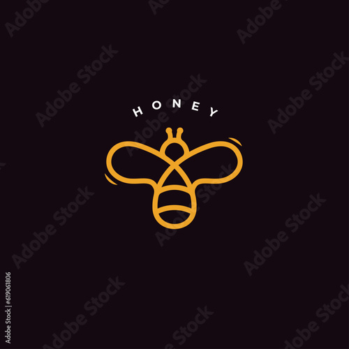 Bee icon, honey logo template, honeybee logotype concept, line silhouette style, minimal flat symbol, golden yellow color, natural organic product, modern bumble design. Vector logo.