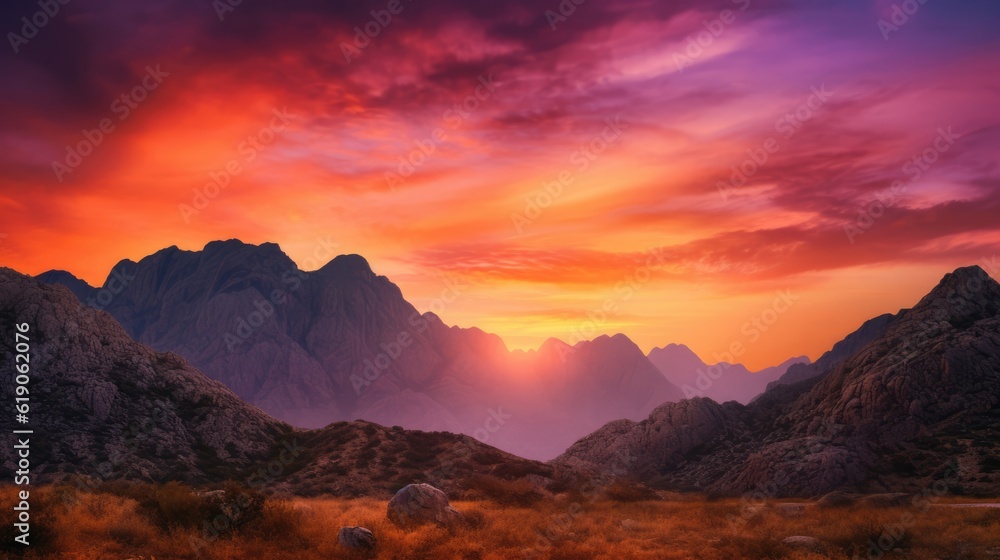 Golden, purple sunset over the mountains. Generative ai composite.