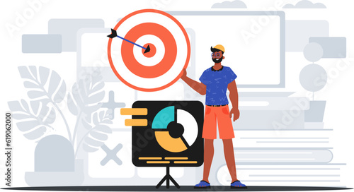 The Guy holds in his hand a target with arrow that hit the condense . digital overlay concept. Trendy style, Vector Illustration