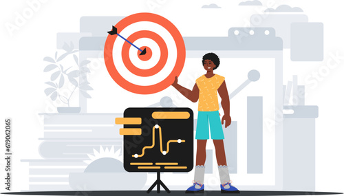 The Guy holds in his hand a target with arrow that hit the condense . digital overlie concept. Trendy style, Vector Illustration