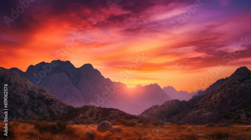Golden, purple sunset over the mountains. Generative ai composite. © E 