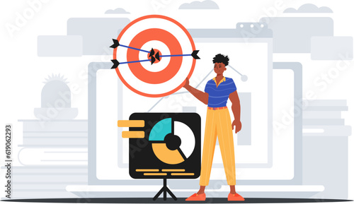 The Guy holds in his hand a target with arrow that hit the condense . digital overlie concept. Trendy style, Vector Illustration