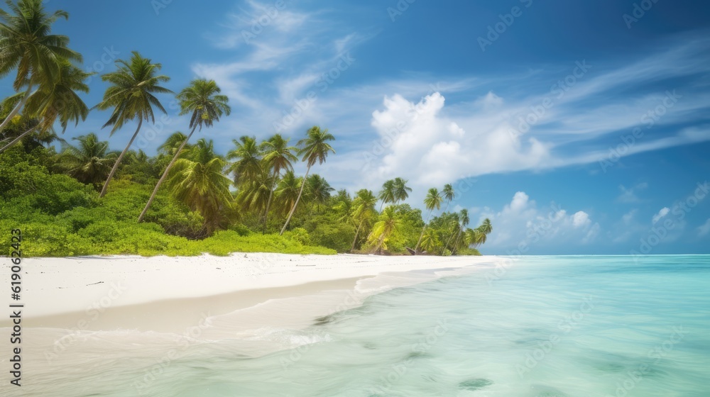 Tropical beach with leaning coconut trees on a fine day.