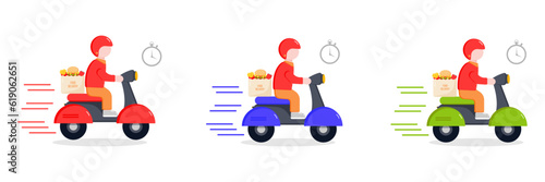 Online shopping  Food delivery. Icons to express  delivery Home. Set of Motorcycle Delivery Service  Male Courier on Scooter with Parcel in Box.  Vector illustration