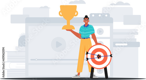 The Earth holds the achiever 's cup in his domesticate pull . achiever concept. Trendy style, Vector Illustration