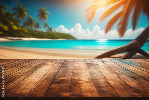 photo wooden table with background tropical beach for product stand made with Generative AI