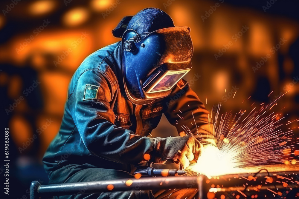 A man performing welding and grinding at his workplace in the workshop A man performing welding and grinding at his workplace in the workshop