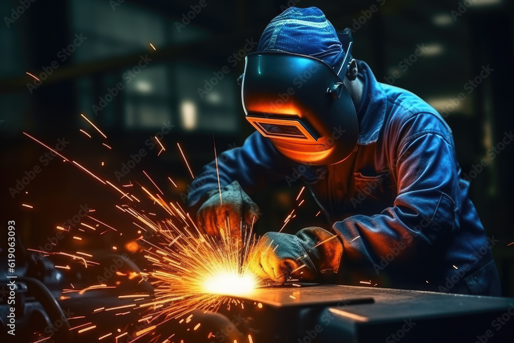 A man performing welding and grinding at his workplace in the workshop A man performing welding and grinding at his workplace in the workshop