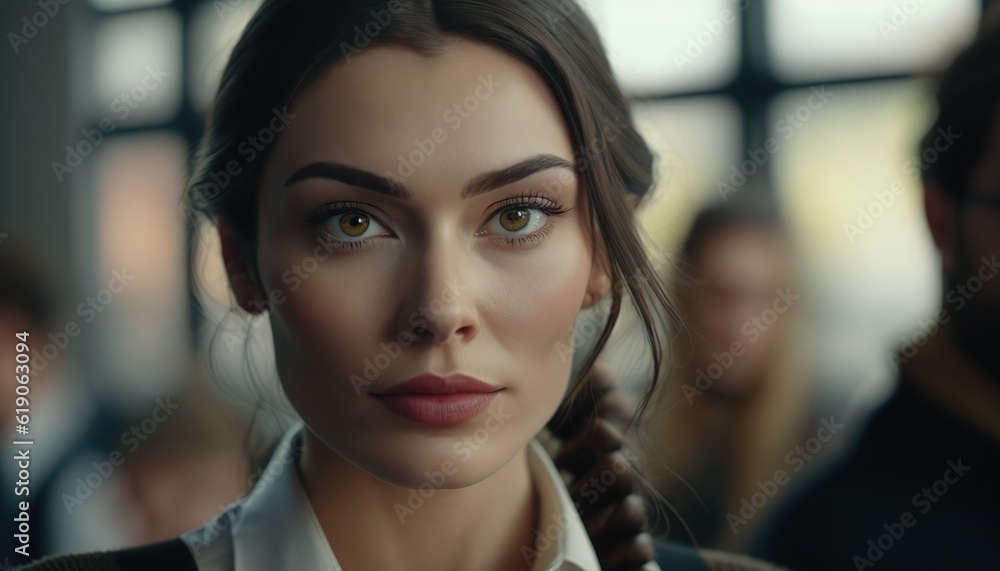 Young female student in a classroom, looking at the camera. Generative AI illustration. Young female student in a classroom, looking at the camera. Generative AI illustration.