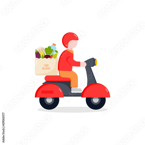 Online shopping  Food delivery. Icons to express  delivery Home. Set of Motorcycle Delivery Service  Male Courier on Scooter with Parcel in Box. Vector illustration