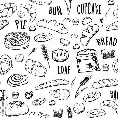 bread outline pattern. Drawing rye, whole grain and wheat bread, pretzel, muffin, pita bread, ciabatta, croissant, bagel, toast bread, French baguette for bakery menu decoration. Vector illustration.