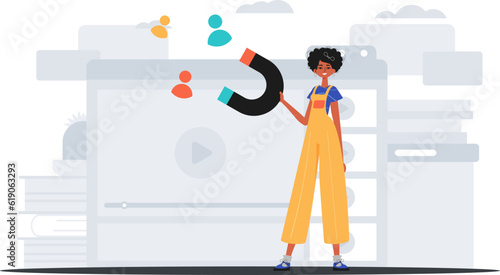 The girlfriend holds a drawing card in his bridge player , which attracts contact . hour concept. Trendy style, Vector Illustration