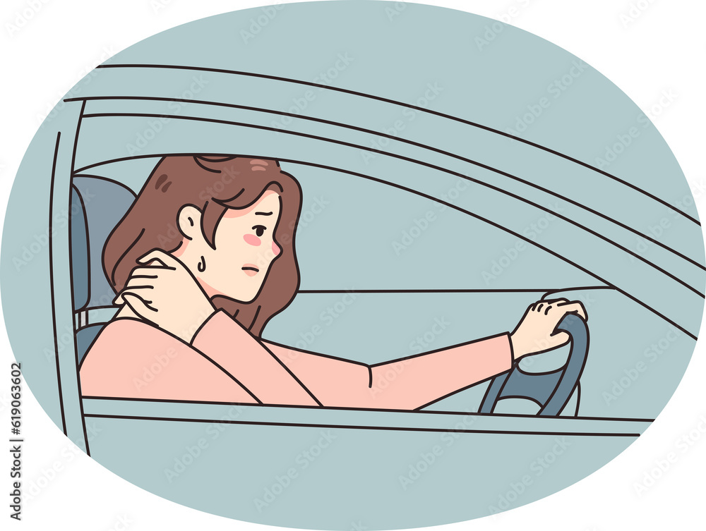 Obraz na plátně Unhealthy woman drive suffer from neck pain