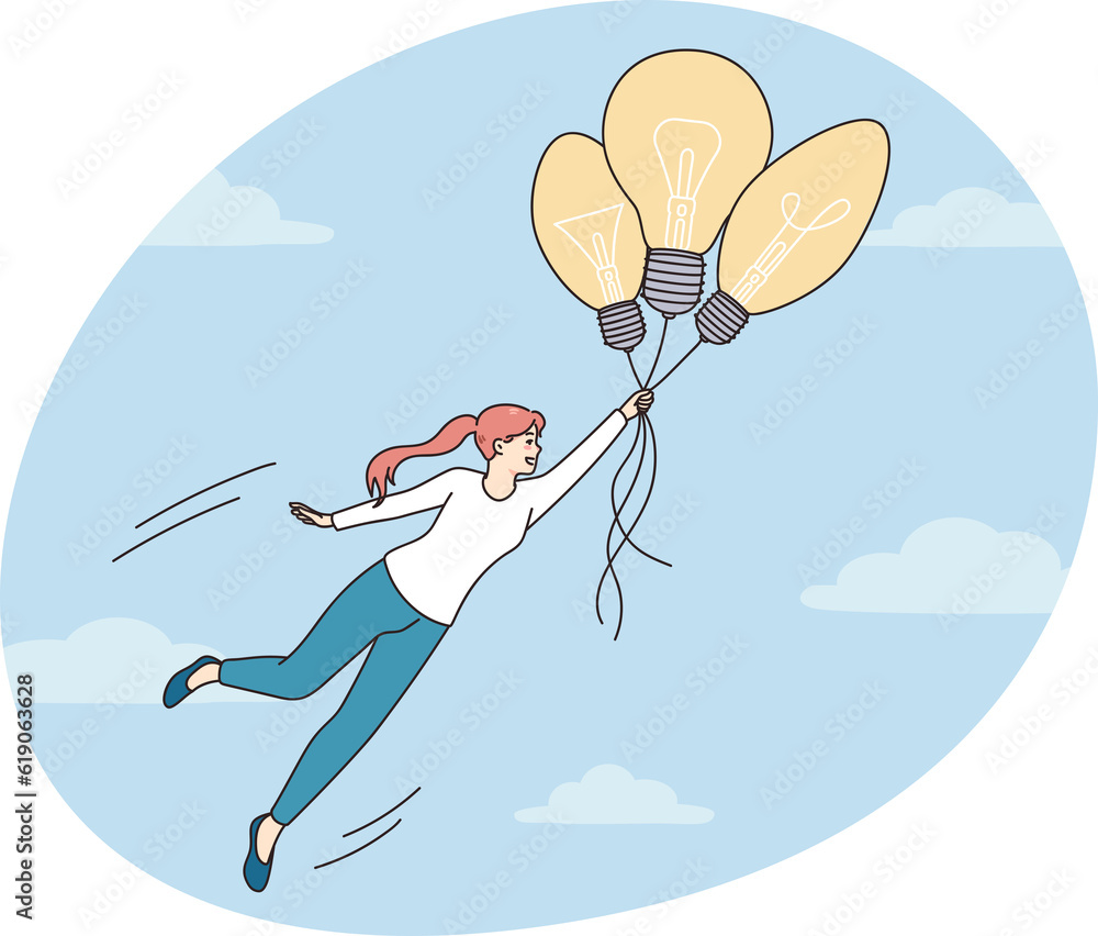 Fototapeta premium Motivated woman flying in sky on lightbulbs