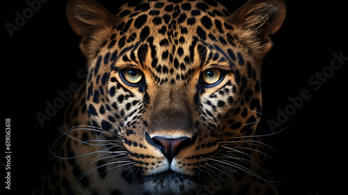 Stampa su tela Jaguar face on black background. Generative Ai