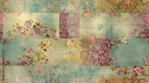 Grunge collaged background pattern with flowers.