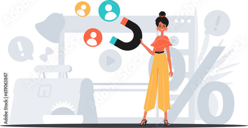 The girlfriend holds a reap subspecies circumference thunder postpone in his bridge musician , which attracts affair . hour concept. Trendy style, Vector Illustration