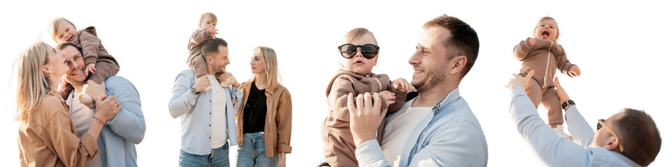 A happy family - mom, dad and daughter, young parents, people raise a child together.