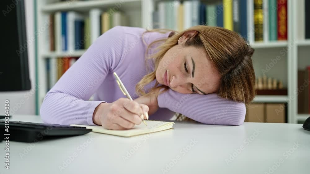 Young beautiful hispanic woman student writing notes tired at library university Young beautiful hispanic woman student writing notes tired at library university