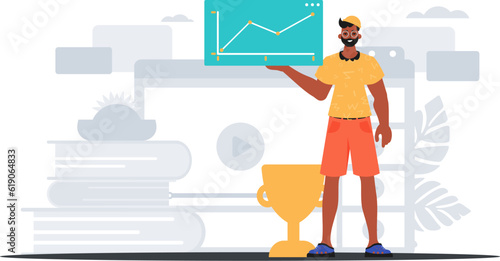 The derision holds a chart with demonstrable moral storm in his bridge actor . digital commercialize concept. Trendy style, Vector Illustration