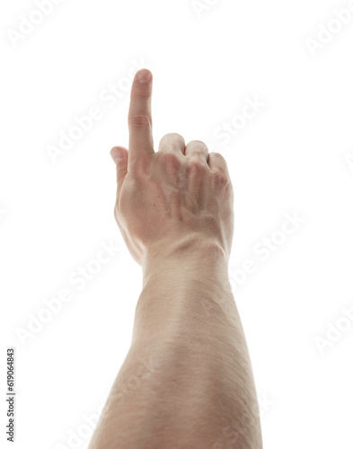 POV of man hand touch gesture isolated on white background