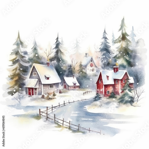 Snowy cozy Christmas village with wooden red houses in fir tree forest, watercolor, ai generative