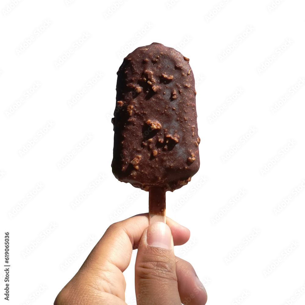 Delicious chocolate and almond-coated ice cream skewers on a wooden stick and held with left hand isolated on transparent cut-out background. Delicious chocolate and almond-coated ice cream skewers on a wooden stick and held with left hand isolated on transparent cut-out background.