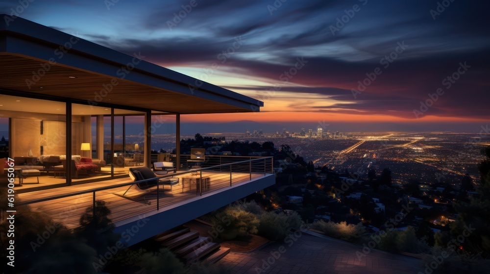 Photo of a modern house with a stunning city view at nigh