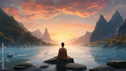 woman meditating surrounded by beautiful mountains © maretaarining