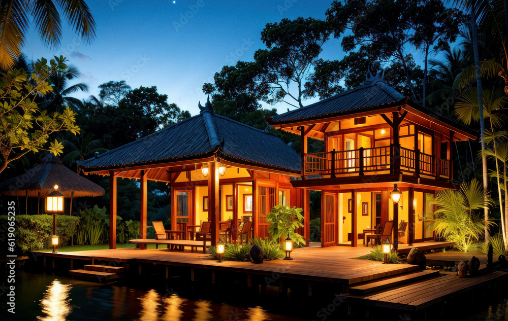 Maison sur pilotis asiatique traditionnelle en bois. Generative AI. Maison sur pilotis asiatique traditionnelle en bois. Generative AI.