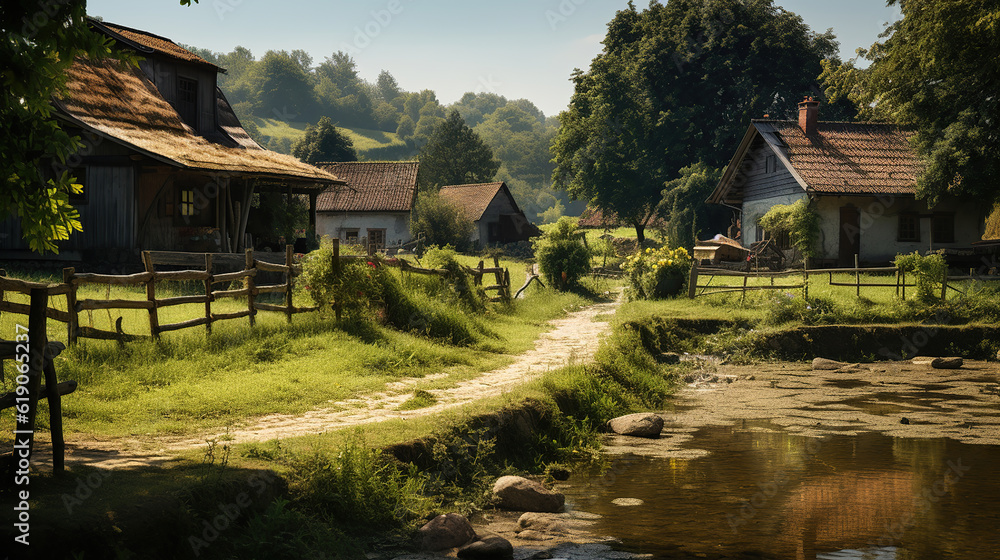 Fototapeta premium Rustic Countryside Charm, Life in the Village. Generative Ai