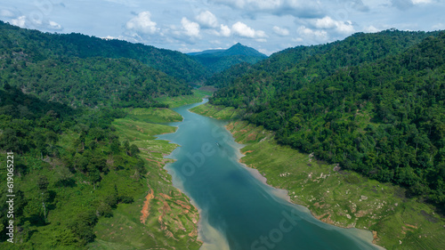 Aerial view tropical green forest and river with mountains in background, Green tree forest view from above river and forest.