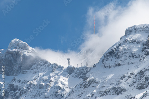 View on SÃ¤ntis mountain peak in the Alpstein massif of northeastern Switzerland. photo