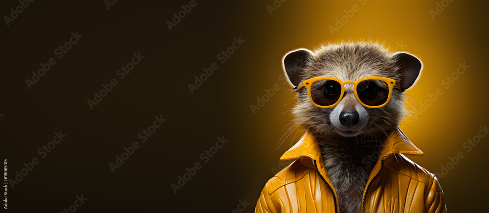 A portrait of a funky racoon wearing sunglasses, yellow leather jacket and a tie on a seamless dark grey background, copy space for text. Generative AI technology