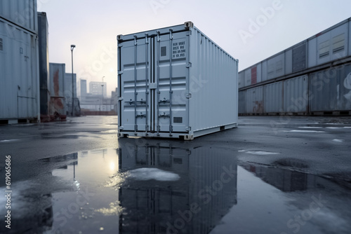 White cargo container. Shipping cargo containers with closed doors realistic set. Reusable large intermodal steel freight boxes for storage, transportation. Generative AI.