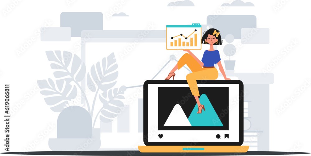 girl with picture and growth chart . The topic of contentedness publish planning . digital market concept. Trendy style, Vector Illustration girl with picture and growth chart . The topic of contentedness publish planning . digital market concept. Trendy style, Vector Illustration