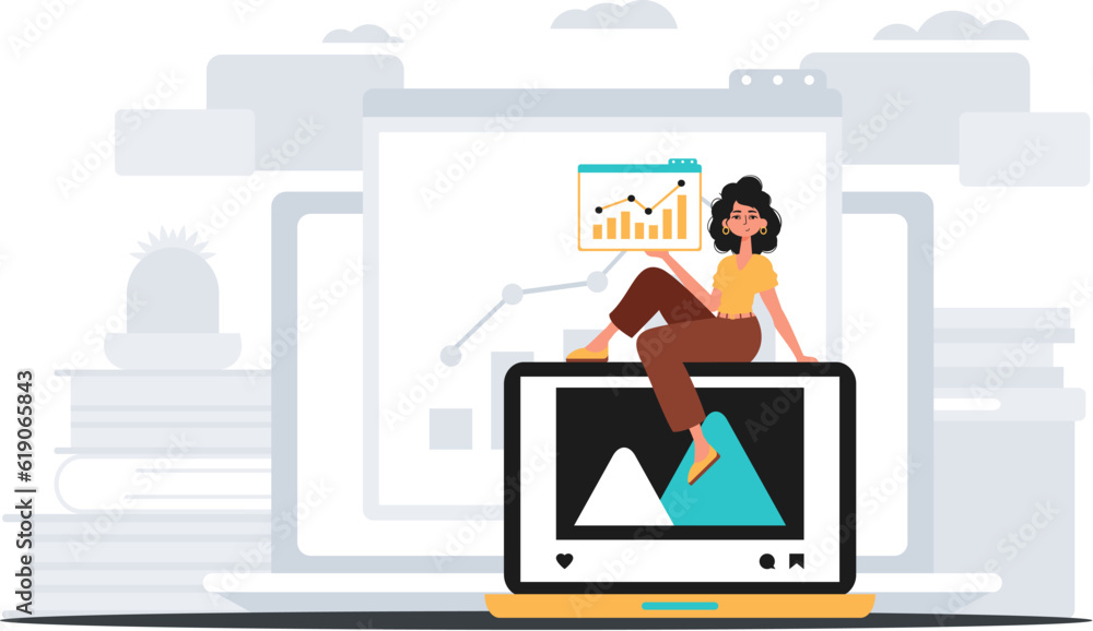 girlfriend with picture and growth graph . The subject of contentedness publish planning . digital marketplace concept. Trendy style, Vector Illustration girlfriend with picture and growth graph . The subject of contentedness publish planning . digital marketplace concept. Trendy style, Vector Illustration