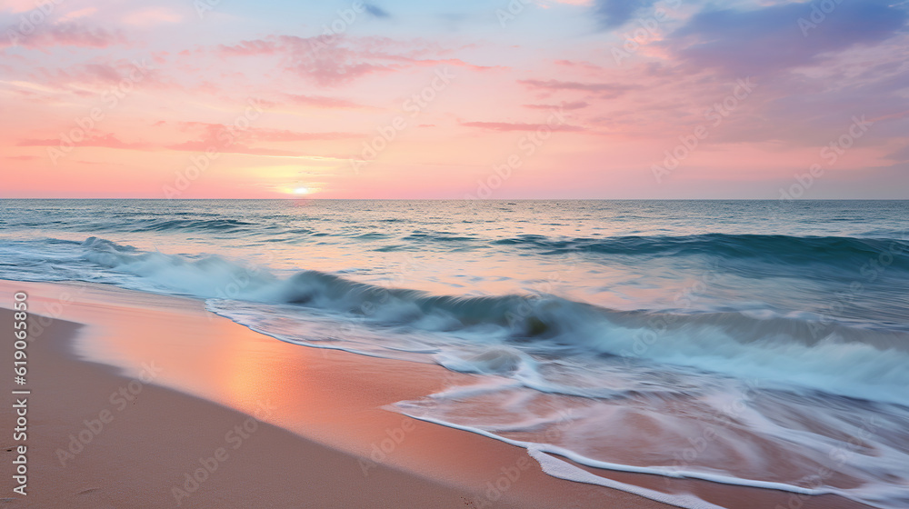 Fototapeta premium Serene Beach Sunset, Tranquility at Dusk. Generative Ai