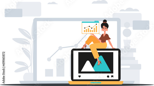 girlfriend with visualize and growth graph . The topic of contentedness publish planning . digital marketplace concept. Trendy style, Vector Illustration