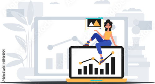 girlfriend with visualize and egress graph . The capable of contentedness print plan . digital marketplace concept. Trendy style, Vector Illustration