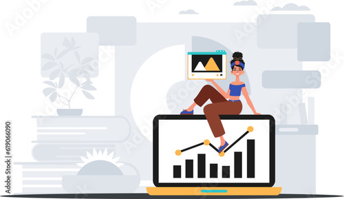 girlfriend with visualize and egress graph . The able of contentedness print plan . digital marketplace concept. Trendy style, Vector Illustration